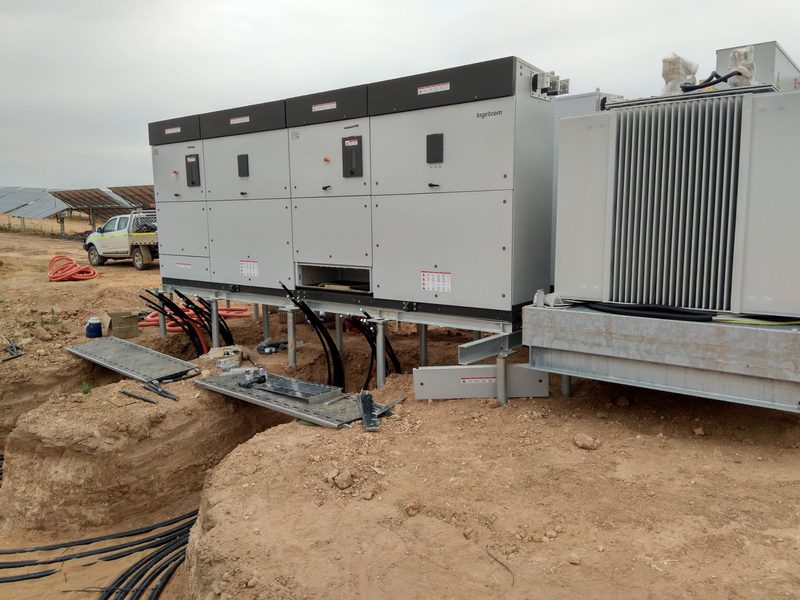 Inverter stations at a utility-scale solar installation